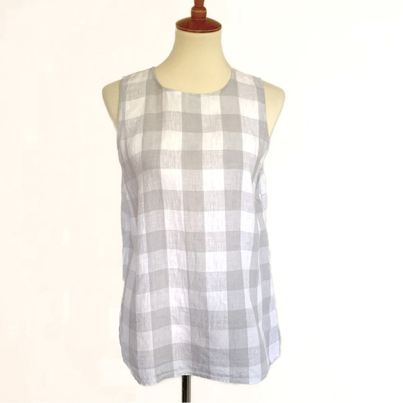 J. Jill Love Linen Gingham Plaid Button Back Sleeveless Top Gray White - Picture 2 of 9